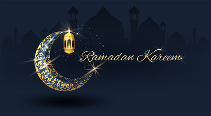 Ramadan Kareem with crescent moon gold luxurious crescent,template islamic ornate  element for greeting card,Vector 3D style