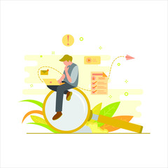 Flat illustration concept of a sit man with his laptop, suitable for background,  wallpaper, banner, cover, business, poster, template, flyer. Cartoon Flat Vector Illustration ui/ ux.