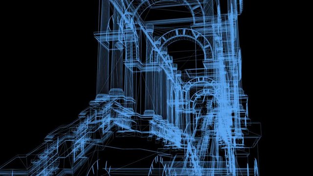 animation of Wire frame Model Of Pompous Palace With Columns