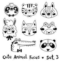 Avatars funny animal faces Sloth Tiger Wolf Alpaca Frog Panda Fox Crocodile. Vector illustration - 328636464