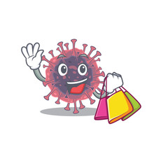 Happy rich microbiology coronavirus mascot design waving and holding Shopping bag