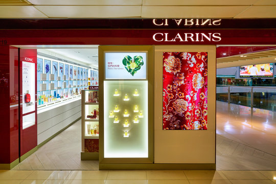 HONG KONG, CHINA - CIRCA JANUARY, 2019: Clarins storefront in New Town Plaza shopping mall