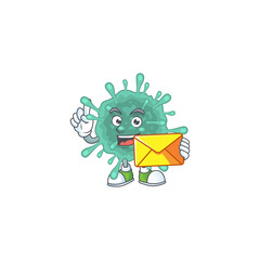 Cute face coronaviruses mascot design holding an envelope
