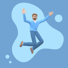 Positive character in colored clothes on an abstract stain background. Young cheerful hipster guy runs, dances, jumps, levitates and flies. Funny cartoon people. 3D rendering.