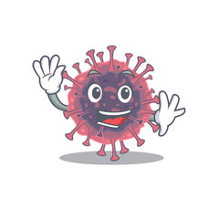 Smiley microbiology coronavirus cartoon mascot design with waving hand