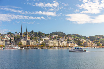 LUZERN,SWITZERLAND - OCTOBER 1,2019 - Landscape of Luzern and  Reuss river with historical...