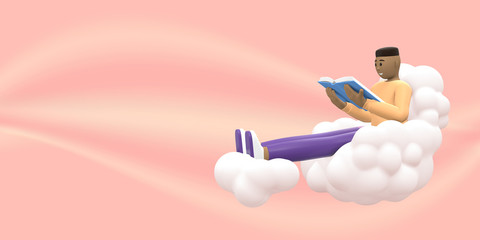 Literature fan young african guy in the sky on a cloud is reading a book. Funny, abstract cartoon people on a pink background. 3D rendering.