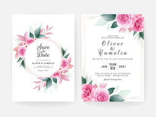 Wedding invitation card template set with watercolor floral arrangements and border. Flowers decoration for save the date, greeting, rsvp, thank you, poster, cover, etc. Botanic illustration vector