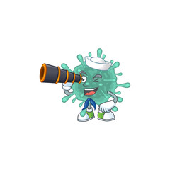 Fototapeta na wymiar Coronaviruses in Sailor cartoon character design with binocular