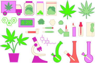 Marijuana vector flat set, big collection of flat design of medical cannabis or smoking weed objects isolated on the white background. Cannabis collection