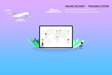 Business concept of online delivery with tracking system, businessman working with his colleague to manage the shipments by air that shown in the display of laptop in pastel color background.