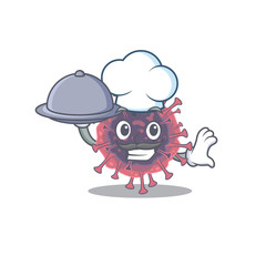 Microbiology coronavirus as a chef cartoon character with food on tray