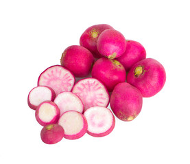 Small garden radish and slices an isolated on white background
