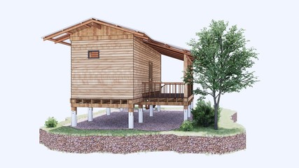 Small wooden beautiful house in the evening. Exterior design3