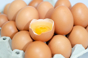 A lot of eggs put on tray on white background and one of these was broke