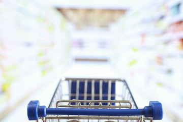 Background shopping trolley. Concept of shopping for groceries and things. Weekend shop.