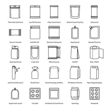 Vector Pouches Packaging package types icon set in thin line style