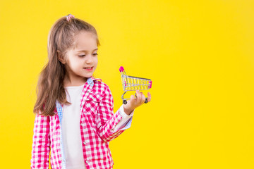 Pretty fair haired girl in pink checkered shirt is holding little cart for buying goods, products. Cute stylish child is smiling on orange yellow background. Shopping and sale concept. Black friday.