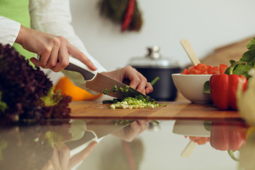 Unknown human hands cooking in kitchen. Woman slicing green onion. Healthy meal, and vegetarian food concept