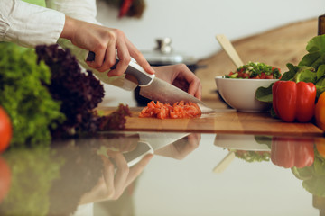 Unknown human hands cooking in kitchen. Woman slicing red tomatoes. Healthy meal, and vegetarian food concept