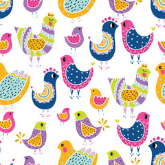 Obraz premium Cute vector spring seamless pattern with birds. Can be used in textile industry, paper, background, scrapbooking.