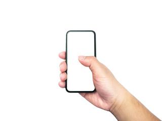 men hand holding and touching blank screen smartphone isolated on white background with clipping path