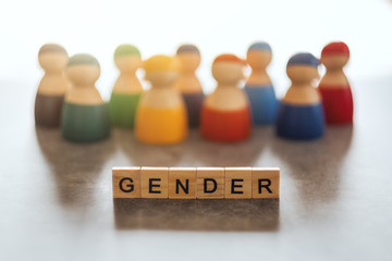 GENDER word on wooden blocks with diverse people in the background