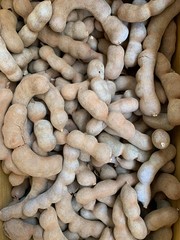 Fresh pile of ripe sweet tamarind for sale at food market.