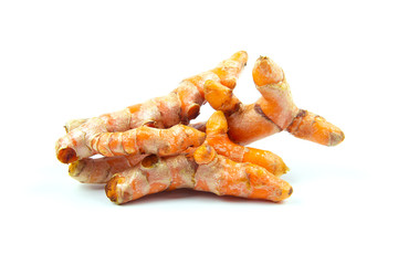 Raw turmeric (Curcuma longa Linn) ingredients for making herbal medicine isolated on white background.