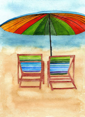 Summer beach set watercolor sun umbrella two deck chair on the blue and orange background 