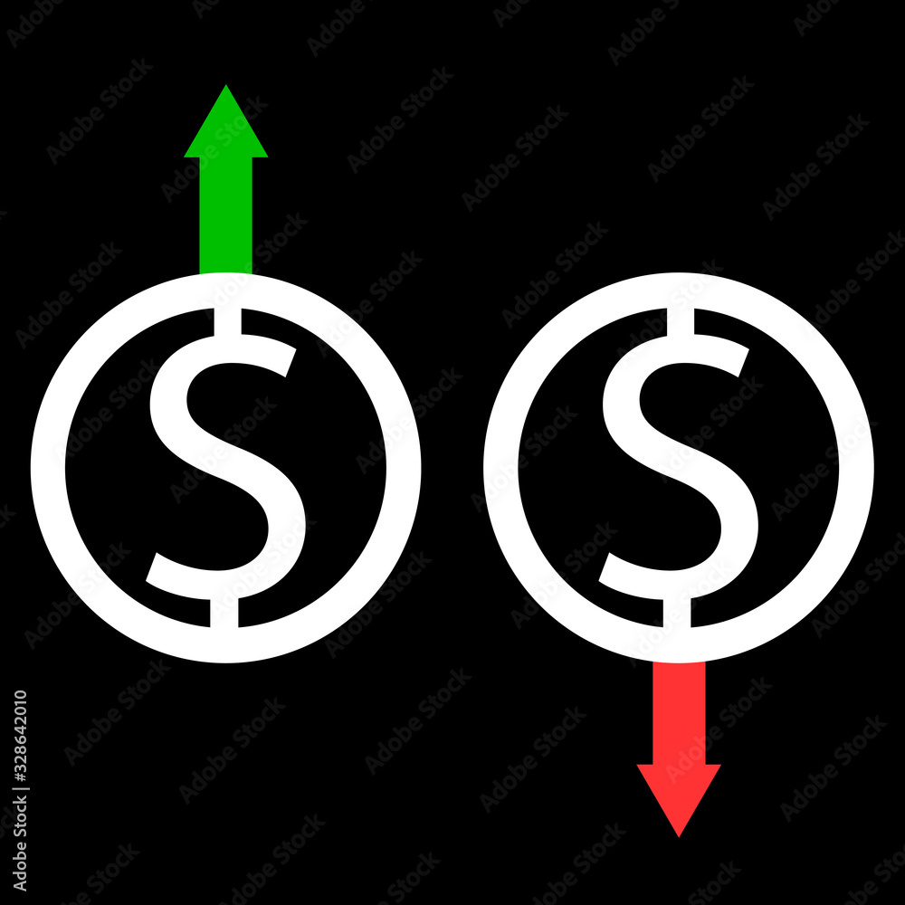 Aufkleber vector icon set of dollar symbols with arrow moving up and down. colorful arrow symbol of up and low