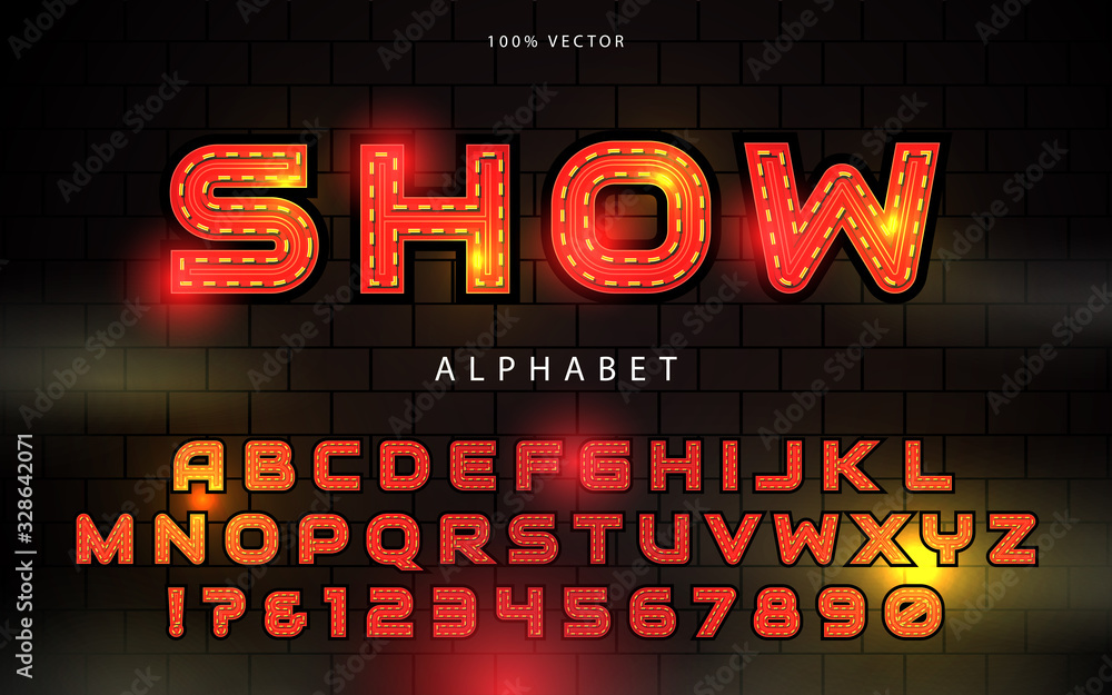 Poster light bulb alphabet on dark background. glowing retro vector font collection with shiny bright light