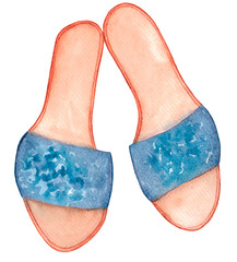 Watercolor beach slippers of blue and beige colors.
