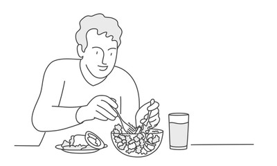 Man eats salad. Vegetarian. Hand drawn vector illustration.