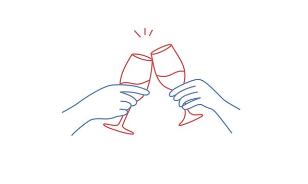 Hands holding glasses of red wine. Hand drawn vector illustration.