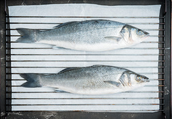 Raw whole seabass fish on the rustic background. Selective focus. Shallow depth of field.