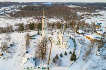 Ancient Transfiguration Cathedral on January day aerial photography). Sudislavl. Kostroma region, Russia