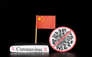 National flag of China with cell of covid-19 and word coronavirus. Fast spreading disease worldwide. Covid-2019 is a stronger flu which affects seniors and sick people. Dangerous and agressive