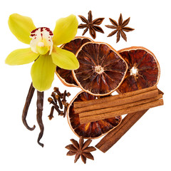 Cinnamon sticks, vanilla and dry citrus slice isolated on white background. Christmas decoration flat lay