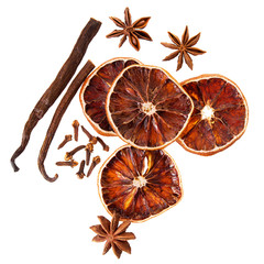 Christmas spices for decoration. Ingredients for mulled wine isolated on white background.