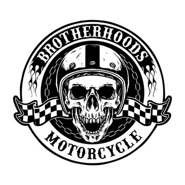 skull with retro motorcycle helmet vector badges