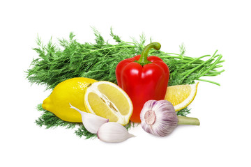 Fresh vegetables, bell pepper, garlic, lemon and green dill isolated on white background