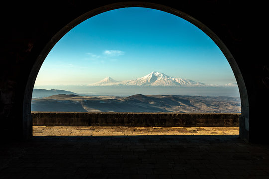  View On Mount Ararat From Arch Of Charents In Armenia.  Noise , Film Grain Effect. Beautiful View On Mount, Beautiful Mountains. Armenian Landscape.