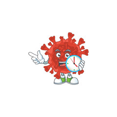cartoon character style of cheerful red corona virus with clock