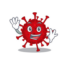 Smiley betacoronavirus cartoon mascot design with waving hand