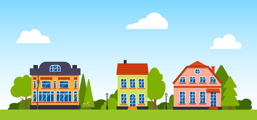 Cartoon street with houses panoramic horizontal banner. Flat objects urban landscape. Summer exterior of a suburban village green trees, bush, clouds, lantern. Scene of cityscape Vector illustration