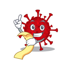 cartoon character of betacoronavirus holding menu ready to serve