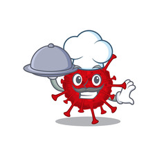 Betacoronavirus as a chef cartoon character with food on tray