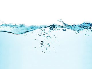  blue water surface with splash, waves and air bubbles on white background