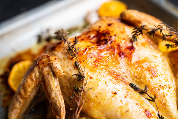 Grilled chicken on the pan with spices, garlic, thyme and lemon slices. Selective focus. Shallow depth of field.